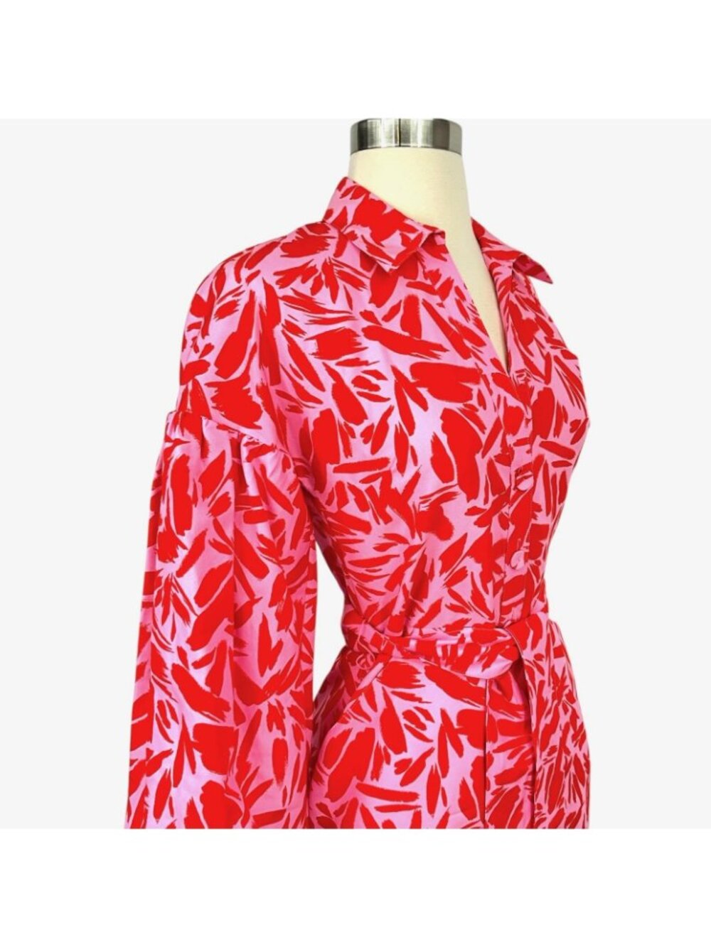 Veronica Beard Samy Shirt Dress Womens 00 Pink Abstract Belted 3/4 Sleeve Mini - Picture 7 of 13